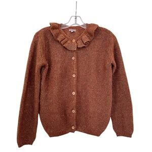 Emile et Ida Girls Brown Gold Metallic Ruffle Collar Cardigan Sweater size 12